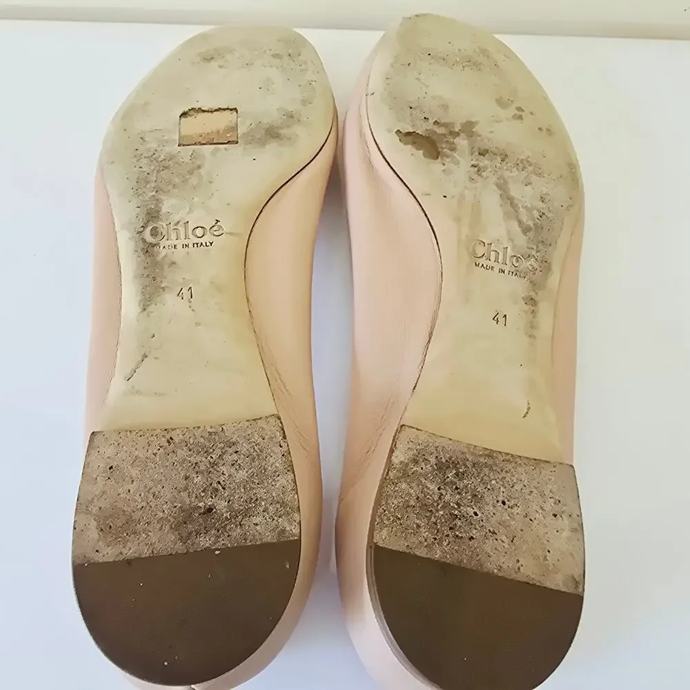 Chloe Lauren Scalloped Leather Ballerina Flats Tan Cream 41 US 10.5